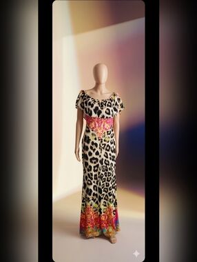 Off-Shoulder Leopard Print Maxi Dress with Pink Baroque Waistband